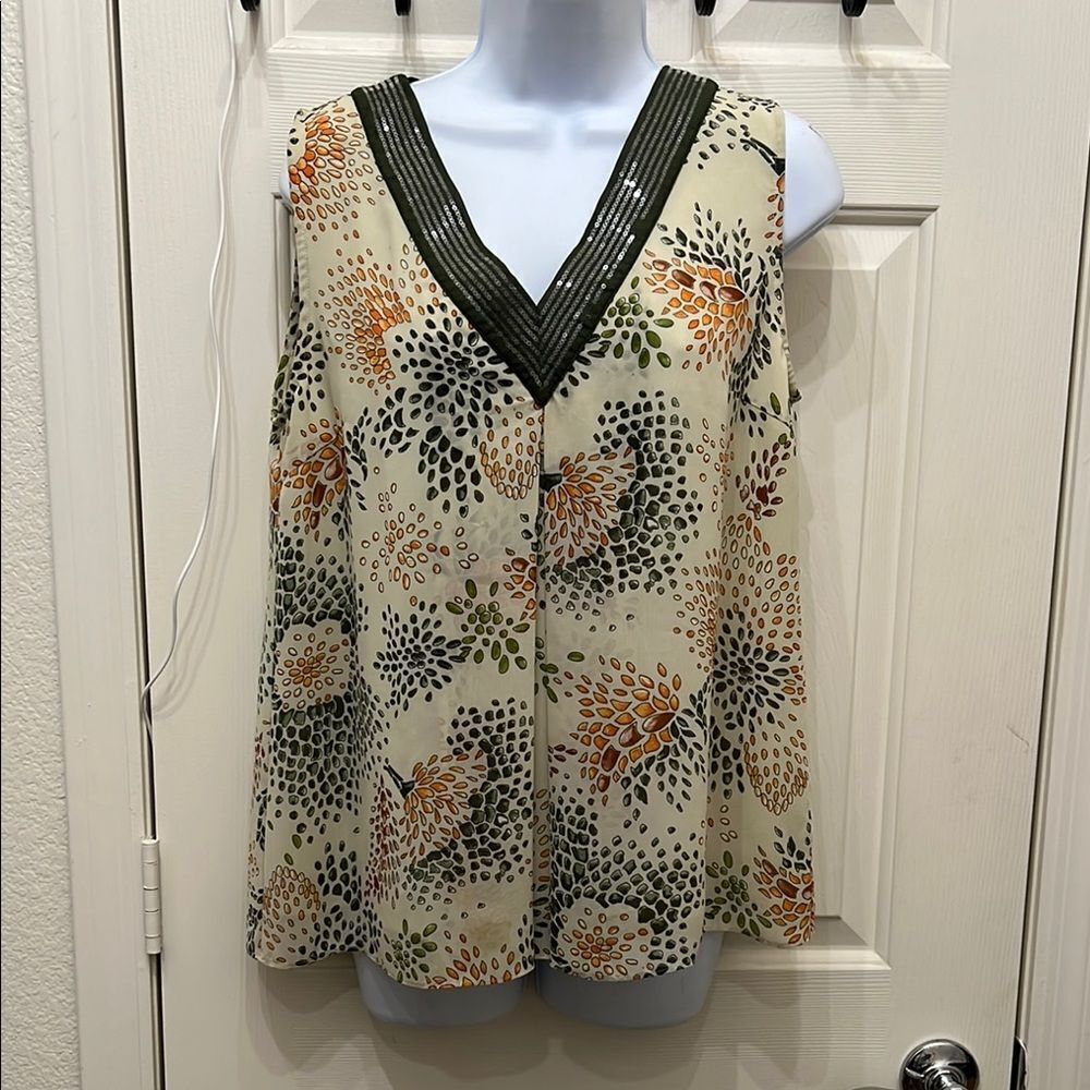 Luckylu Cream Orange Green Embellished Blouse Silky Sequined VNeck Sleeveless XL